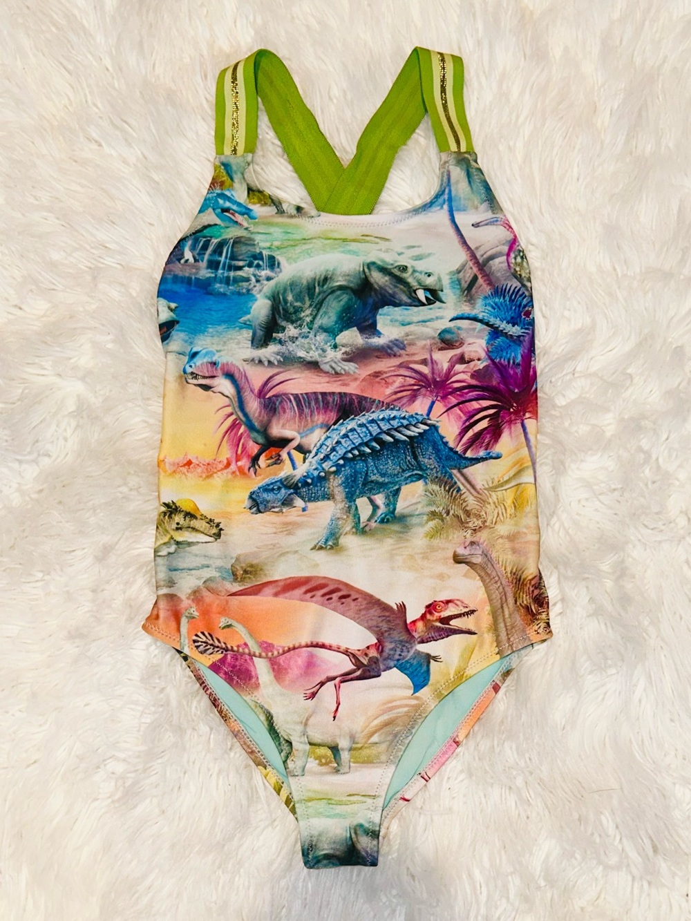 MOLO Colorful Dinosaur Animal Print One-Piece Suit w/ Sparkly Green Straps